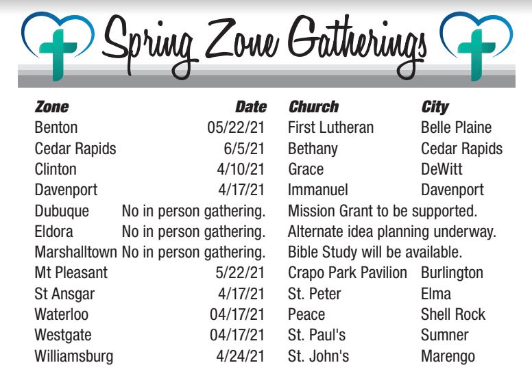 Spring Zone Gathering Schedule as printed in the Alive Iowa East
